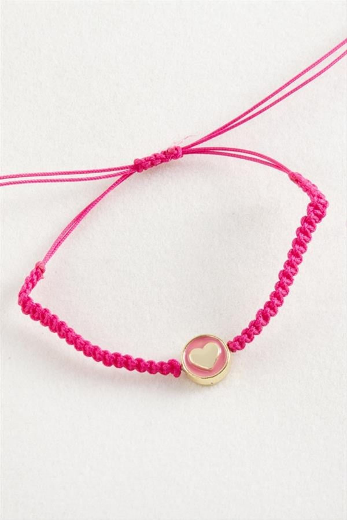 Kalp Mineli Makrome Örgülü Bileklik - Pembe
