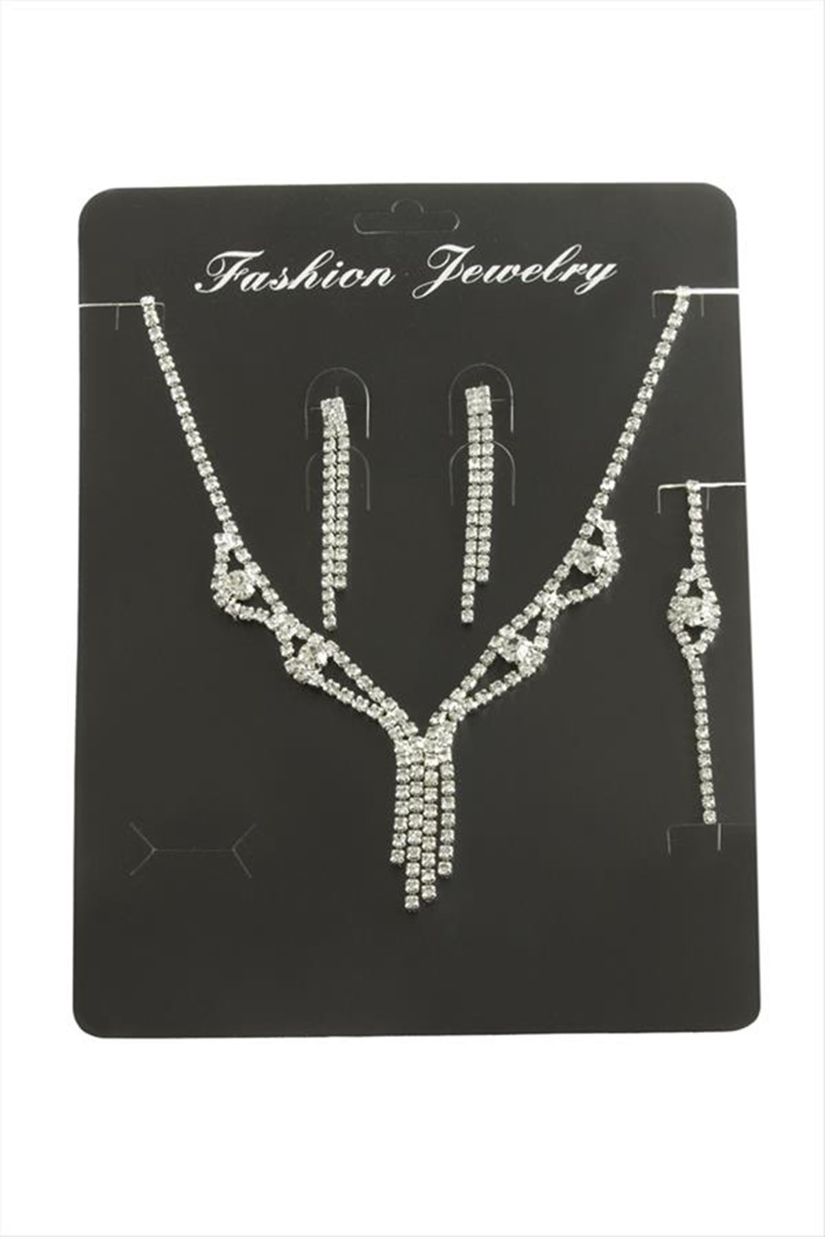 Sallantılı Taşlı Set Kolye - Gümüş Rengi