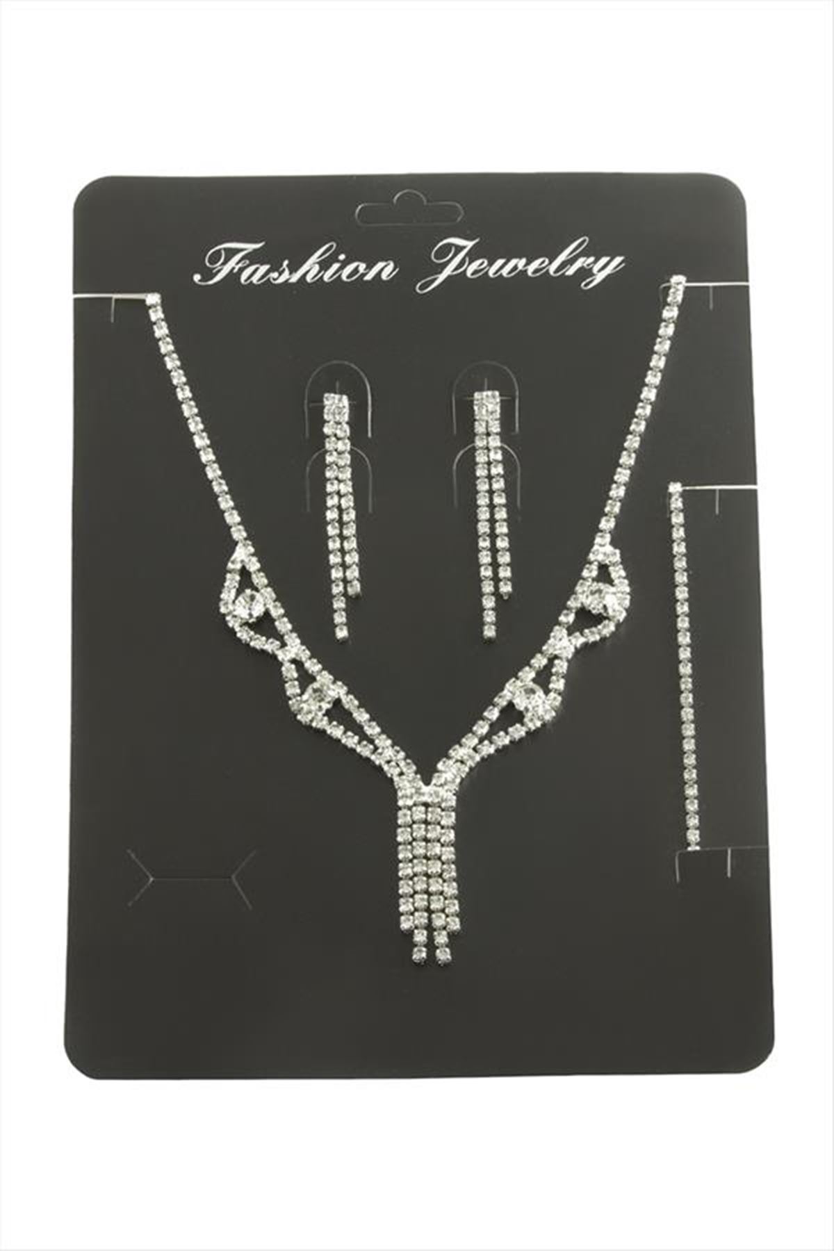 Sallantılı Taşlı Set Kolye - Gümüş Rengi