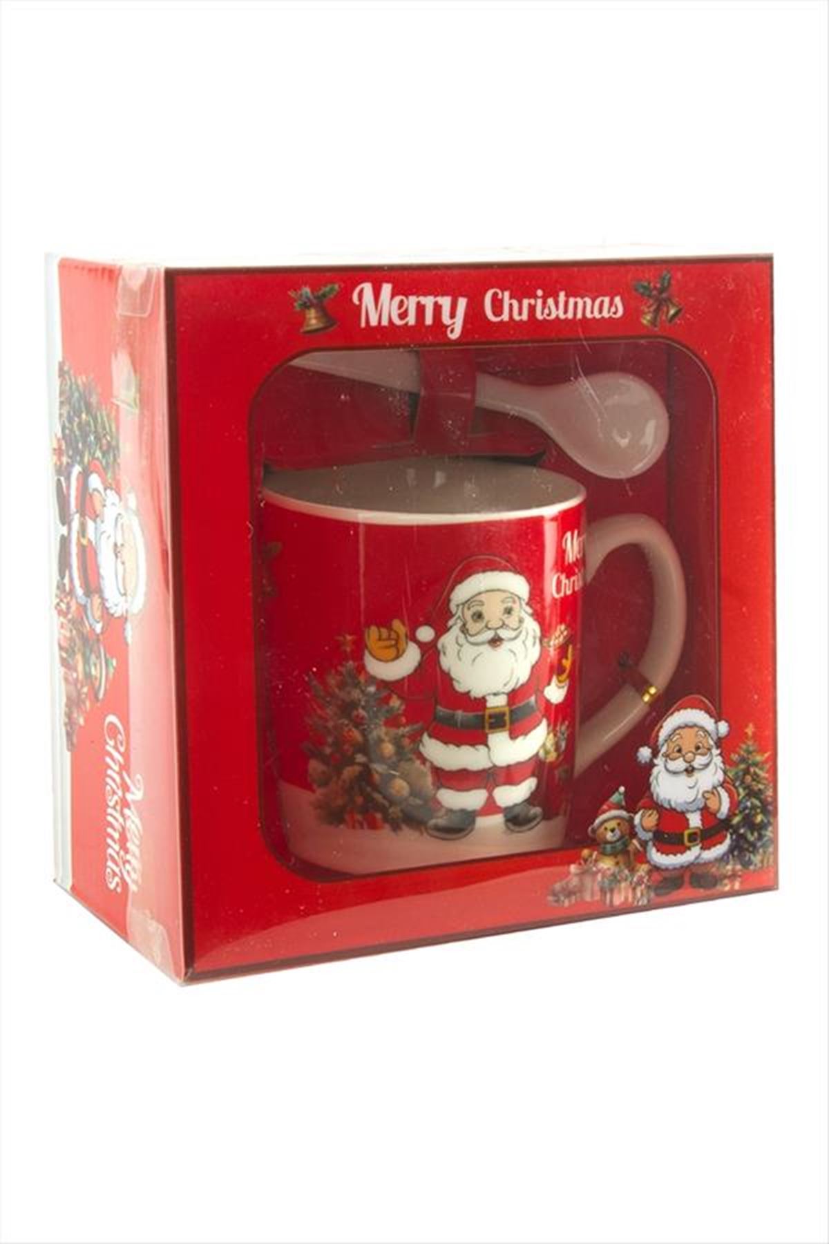 Noel Baba Desenli Yılbaşı Seramik Kaşıklı Kupa - Kırmızı