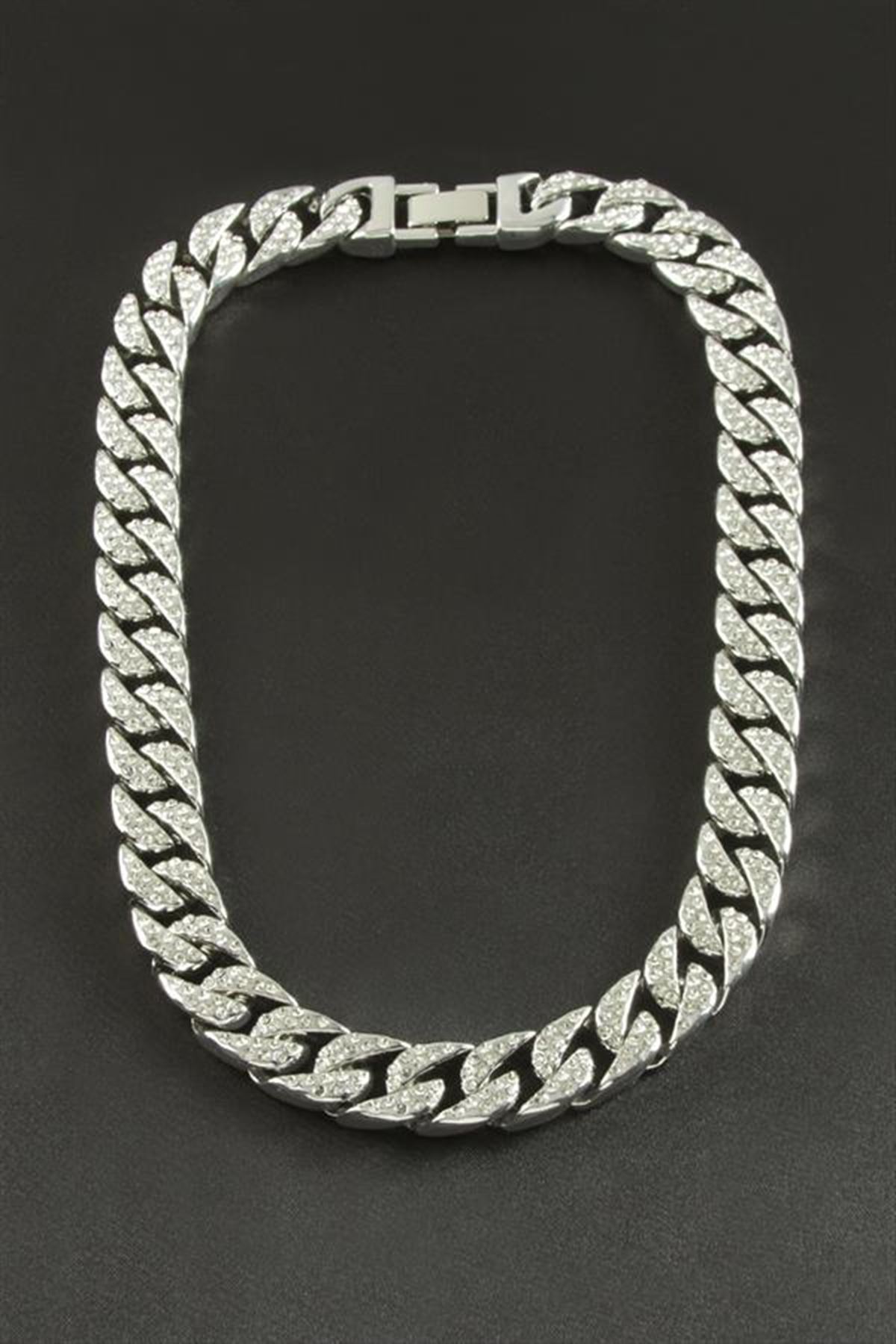 Chain Düz Zirkon Taşlı Lüks Çelik Kolye - Gümüş Rengi