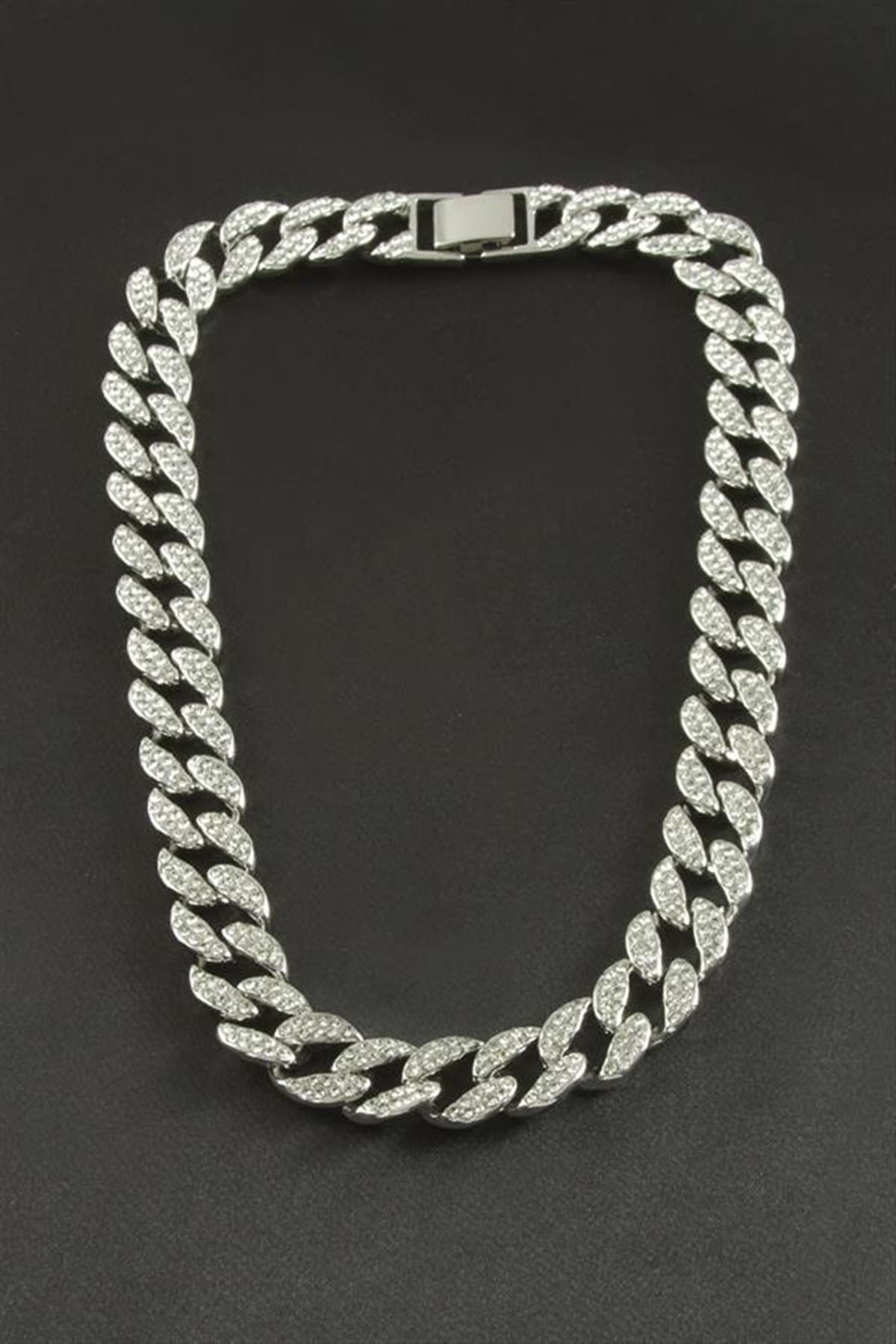 Chain Zirkon Taşlı Lüks Çelik Kolye - Gümüş Rengi