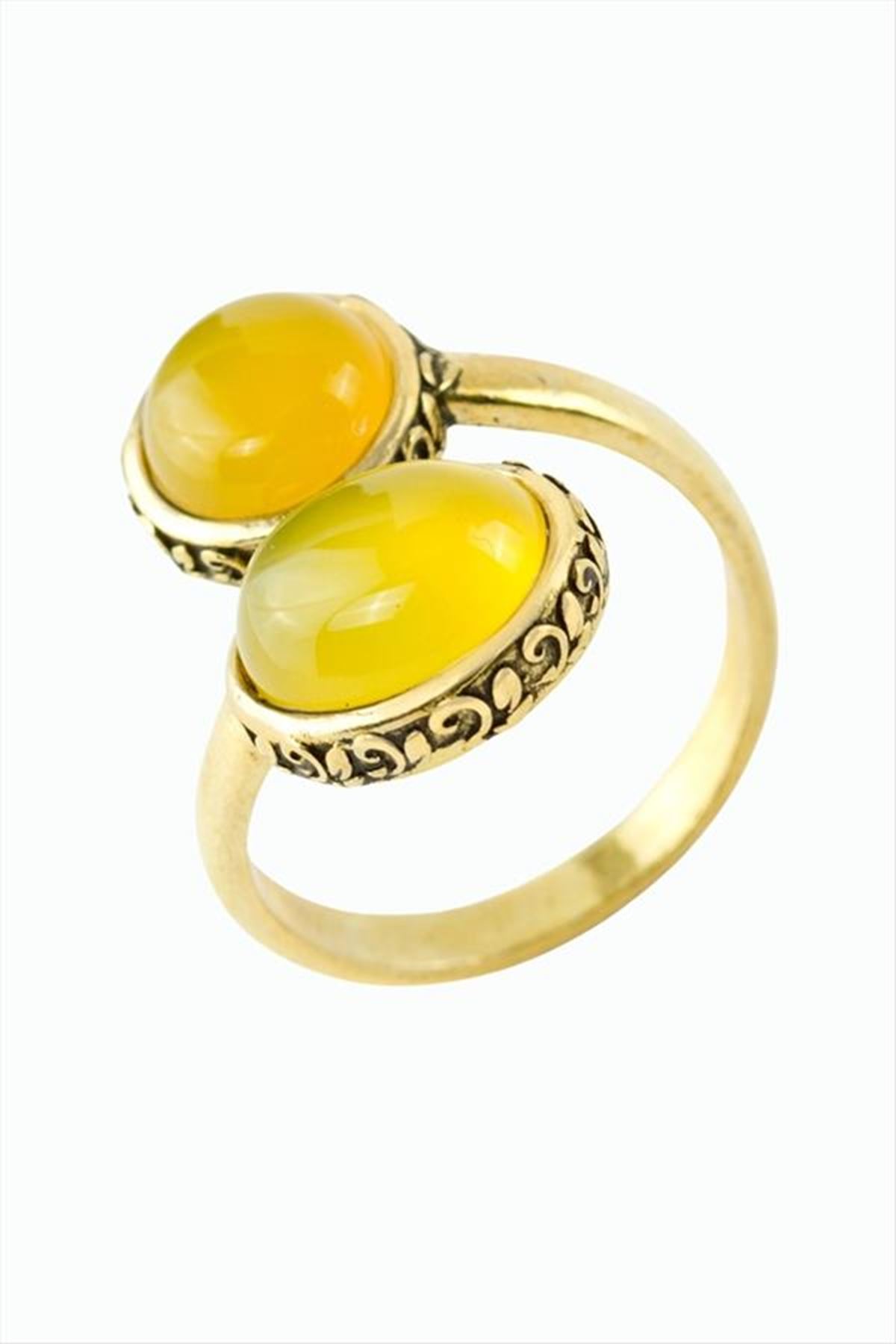 Oval Yuvarlak Doğaltaşlı Otantik Yüzük - Sarı Akik
