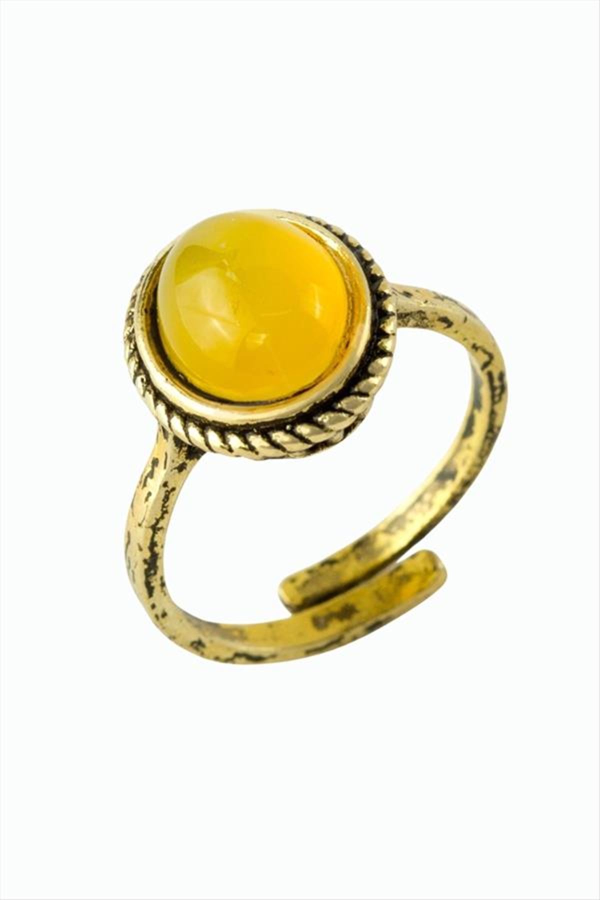 Oval Doğaltaşlı Otantik Yüzük - Sarı Akik