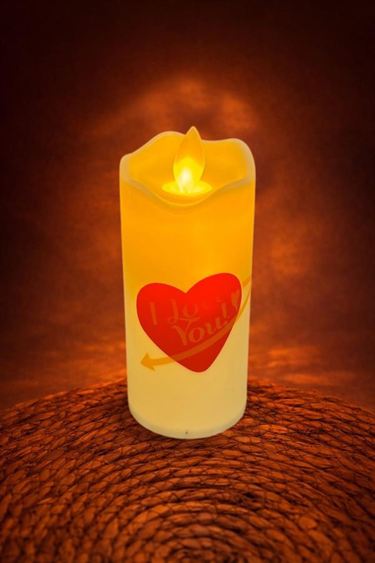 Kalp I Love You Yazılı Işıklı Mum 12 cm - Sarı