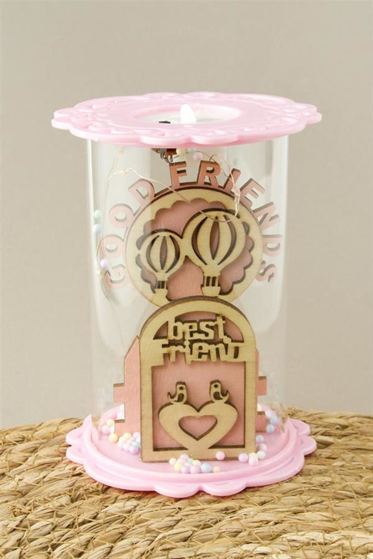 Balon Kuş Ahşap Işıklı Led Fanus - Pembe
