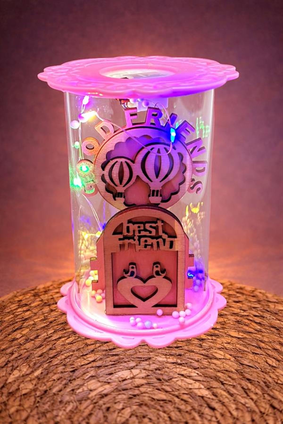 Balon Kuş Ahşap Işıklı Led Fanus - Pembe