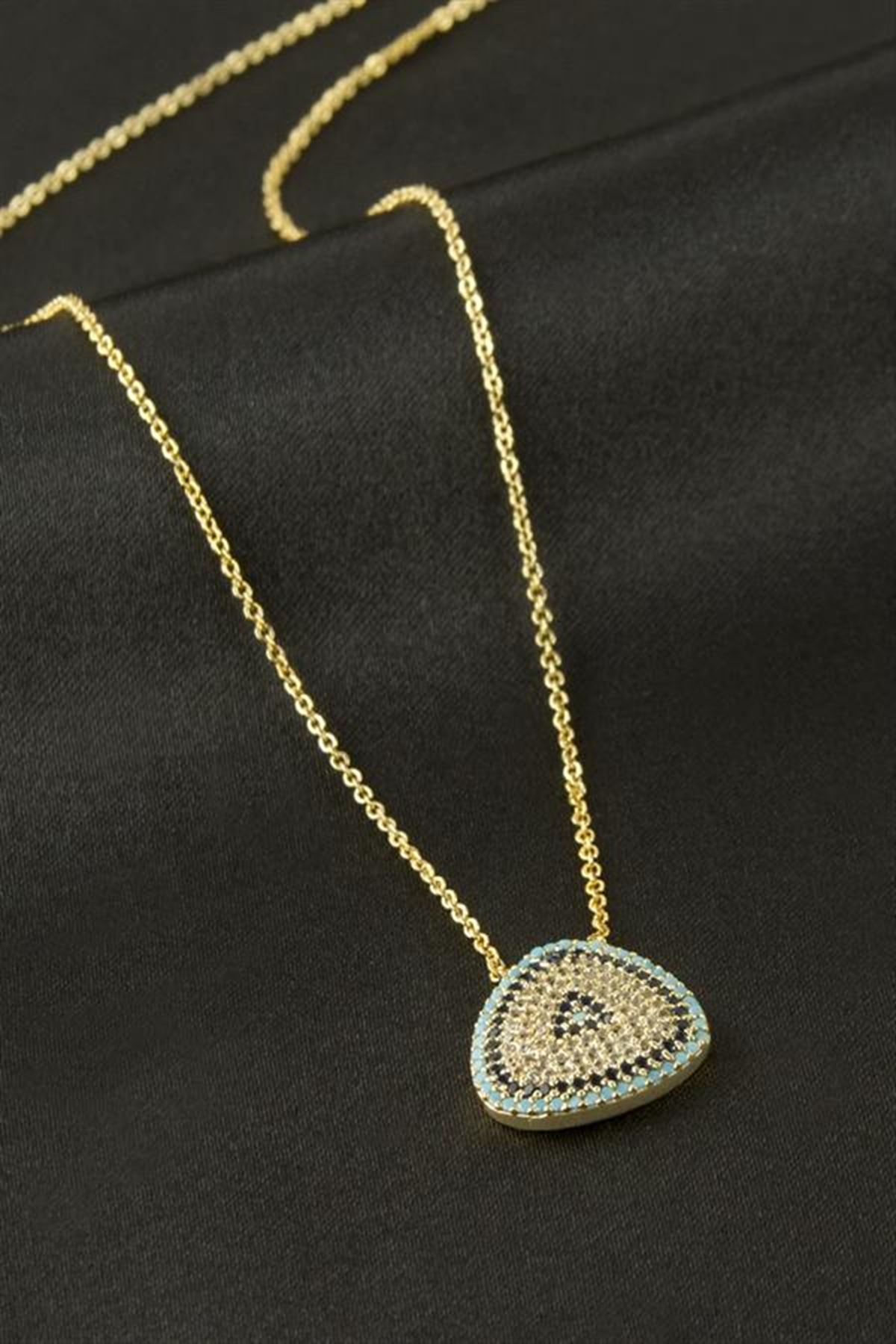 Oval Nazar Zirkon Taşlı Kolye - Sarı