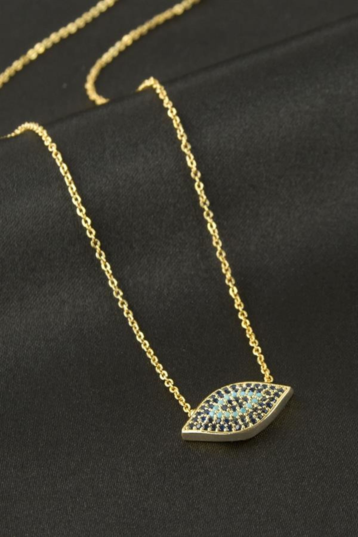 Oval Nazar Zirkon Taşlı Kolye - Sarı