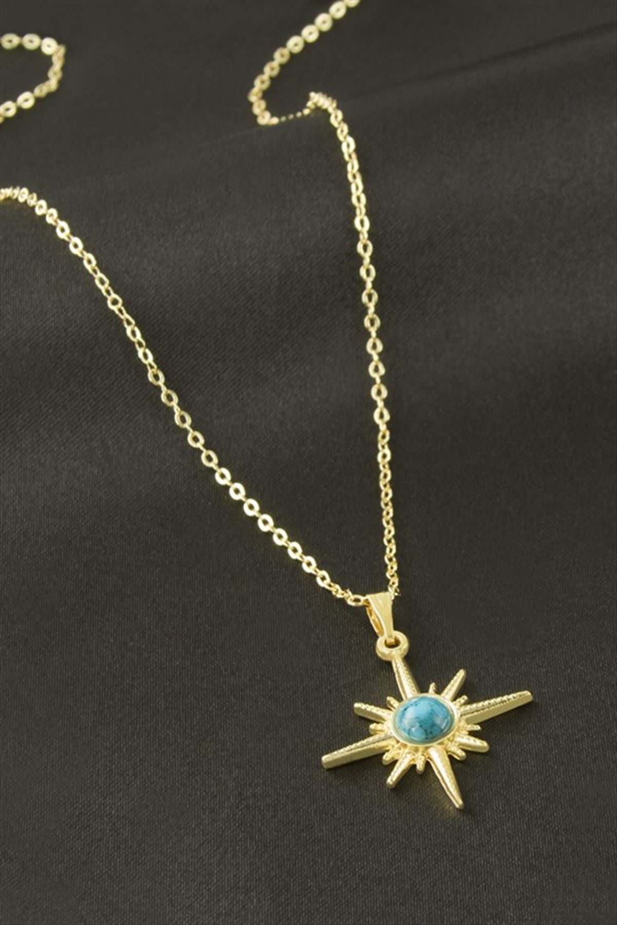 Yıldız Turkuaz Taşlı Uçlu Kolye - Gümüş Rengi