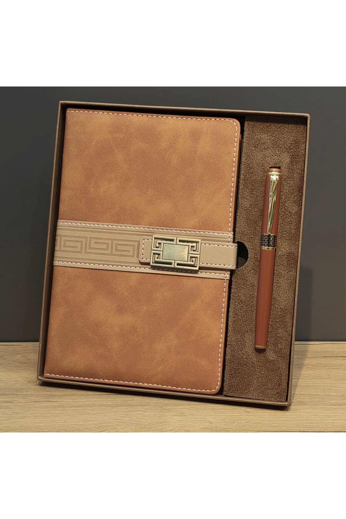 Taba Rengi Termo Deri Defter Ve Metal Roller Kalem Seti