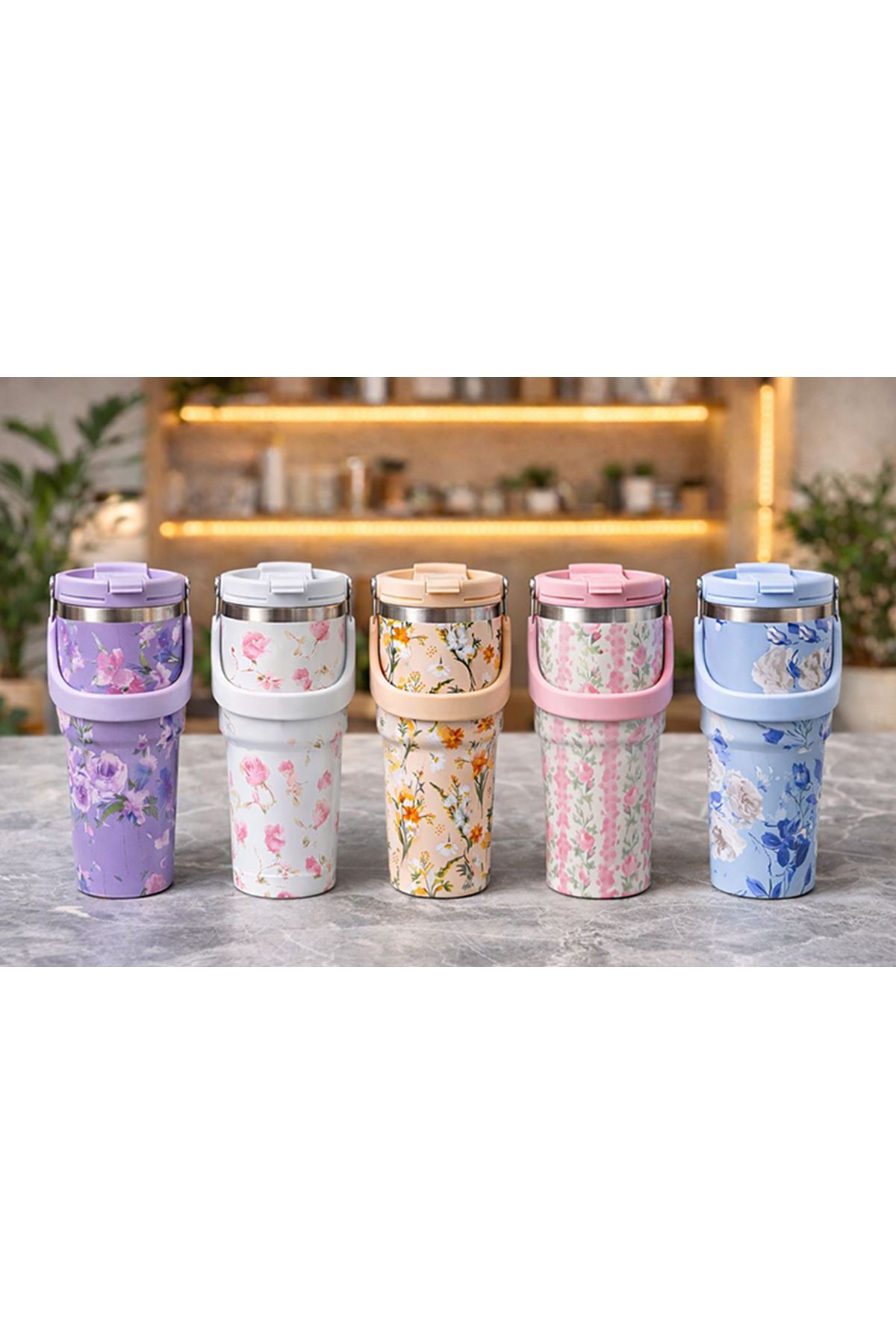 Çiçek Desenli 900 ml Taşıma Kulplu Paslanmaz Çelik Termos Mug Bardak