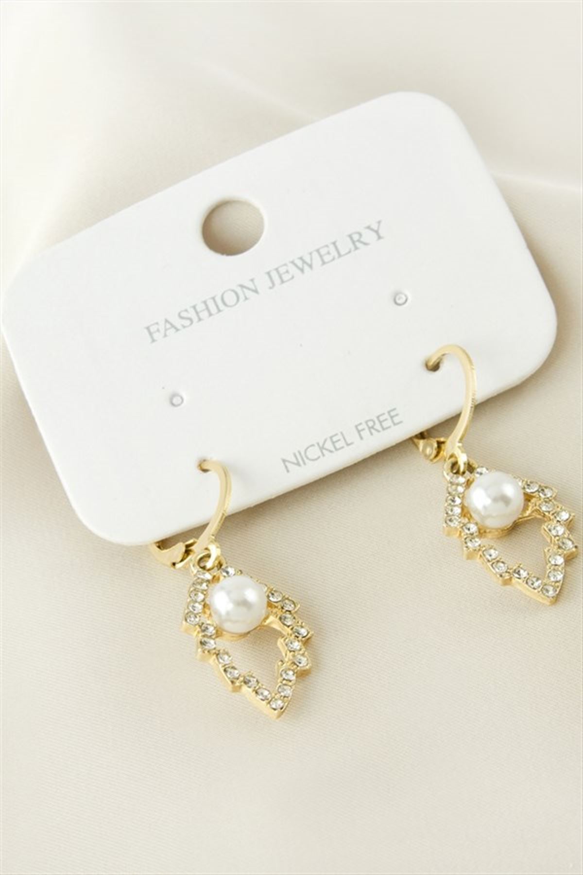 Yaprak İnci Taşlı Metal Küpe - Sarı