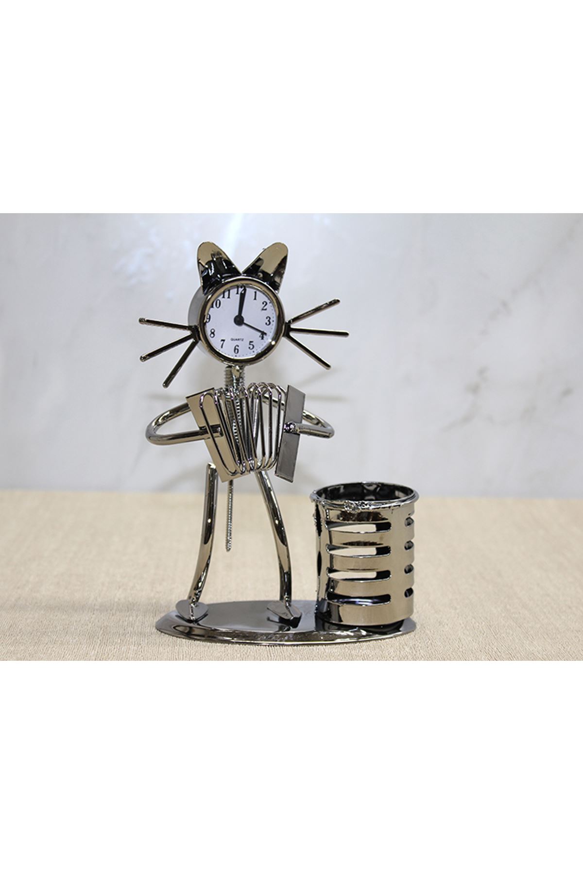 Metal Akordiyon Çalan Müzisyen Kedi Saat Ve Kalemlik