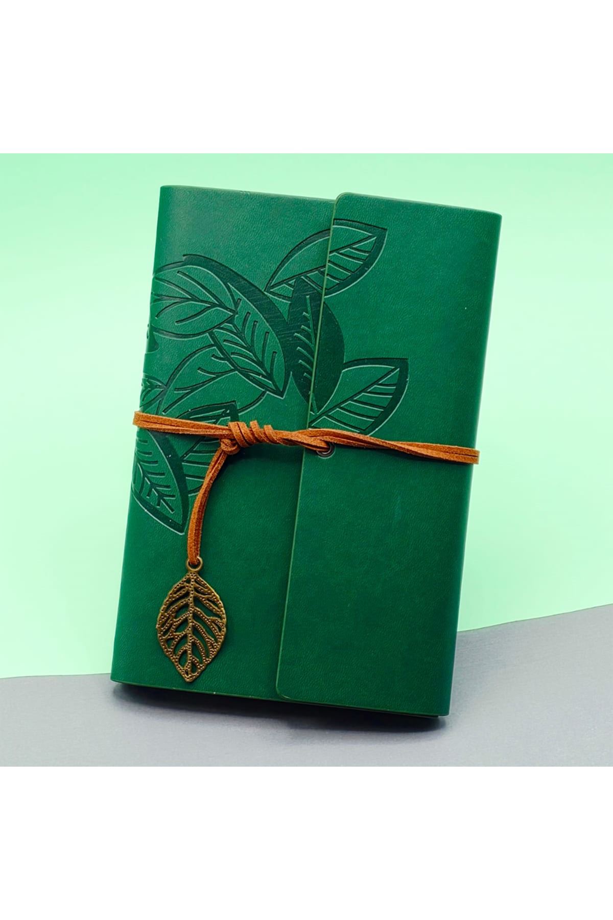 Yeşil Yaprak Desenli Deri Defter