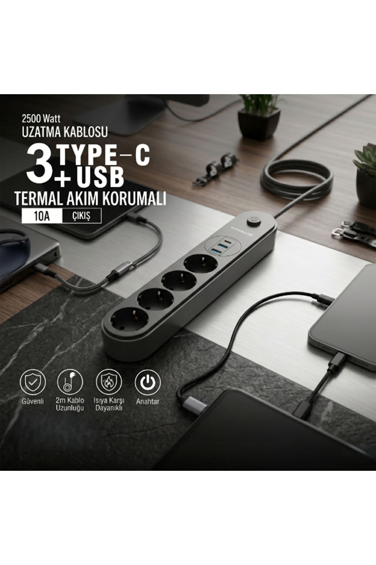 Termal Akım Korumalı 4 Prizli USB Girişli Uzatma Kablosu