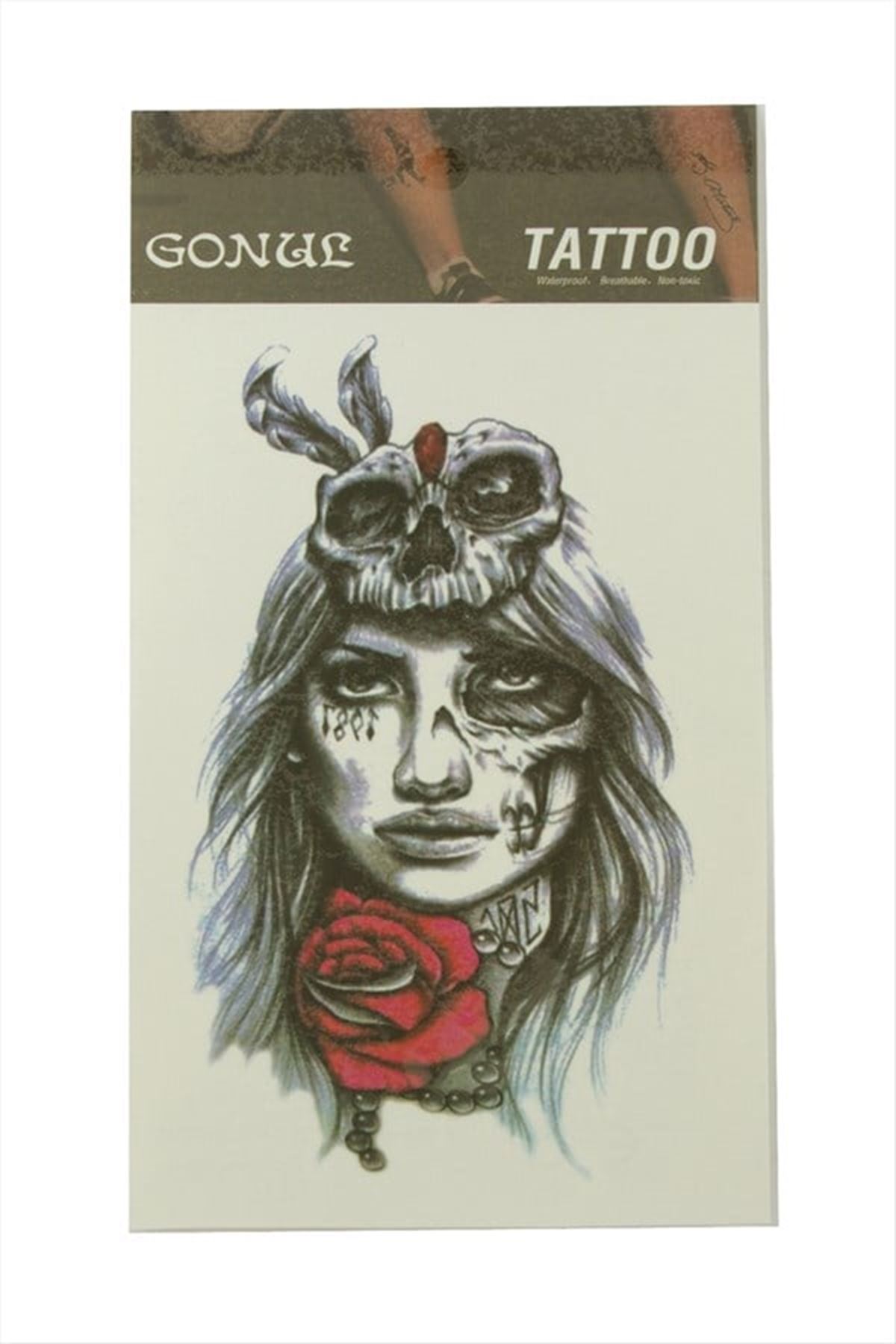 Gül Kuru Kafa Tattoo Dövme Sticker - Beyaz