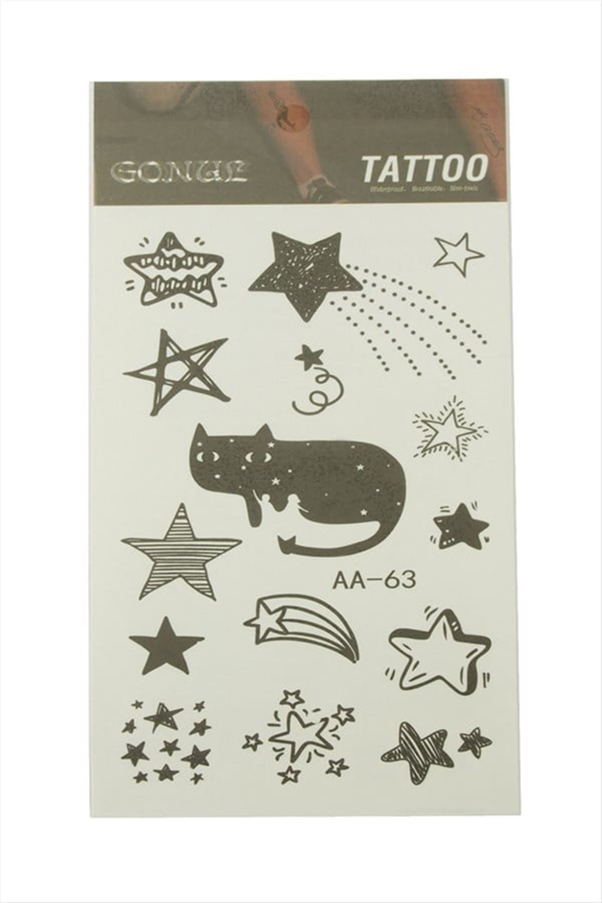 Kedi Yıldız Tattoo Dövme Sticker - Siyah