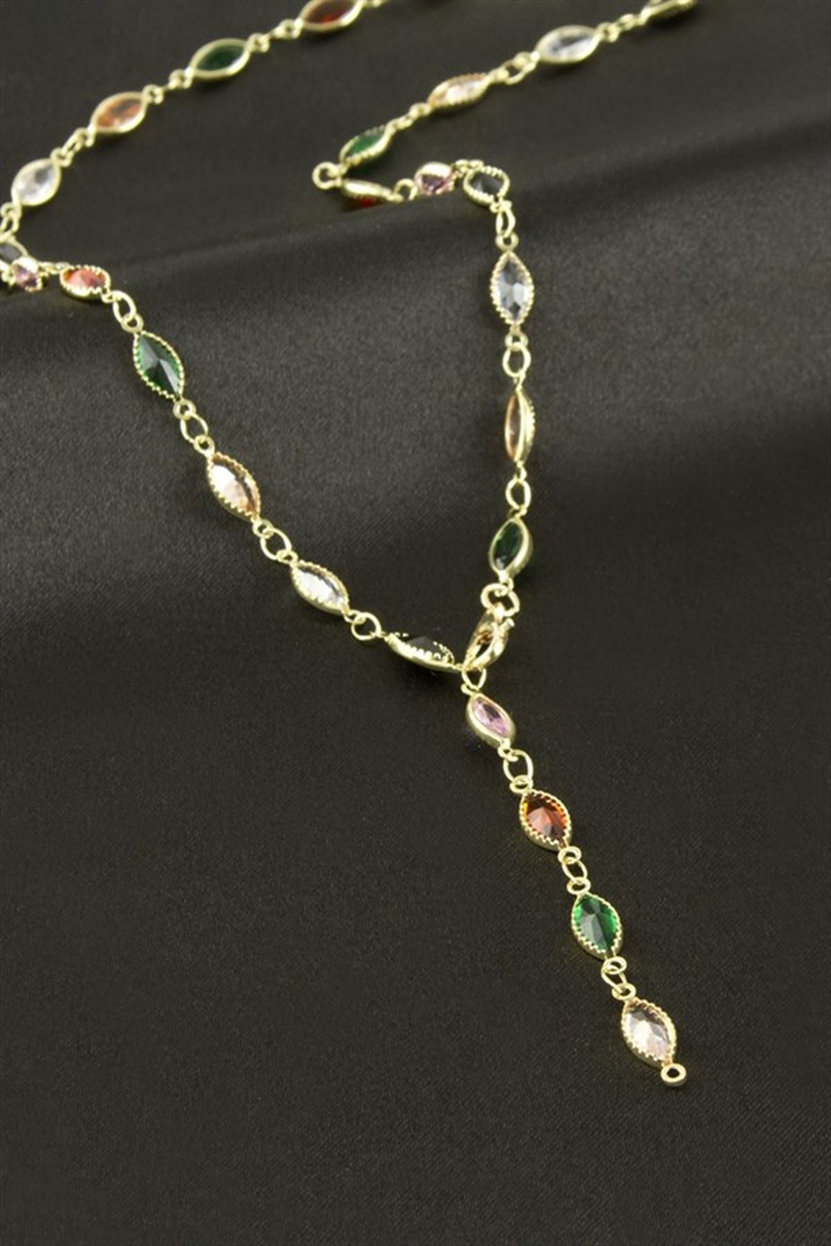 Oval Zirkon Taşlı Y Kolye - Sarı