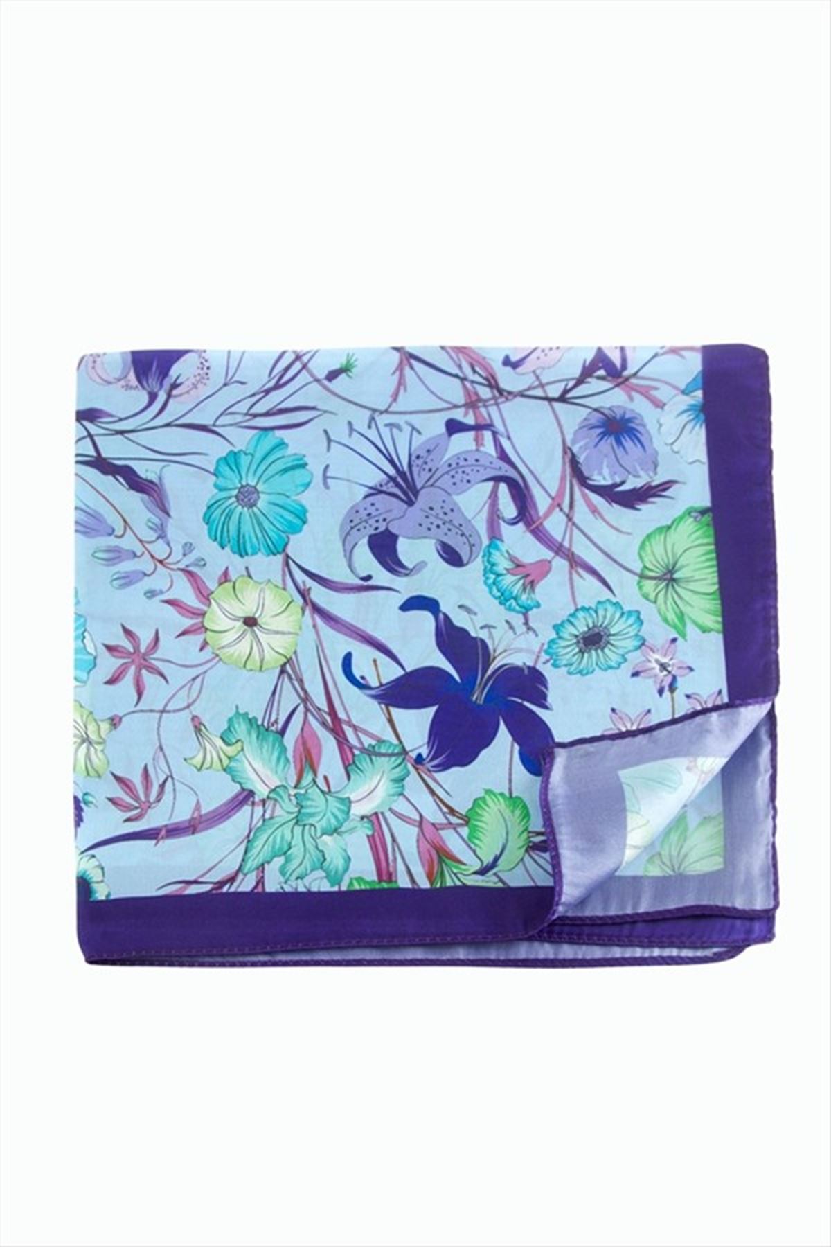 Çiçek Desenli Mor Renkli Zr Şifon Fular 50*50 cm - Mor