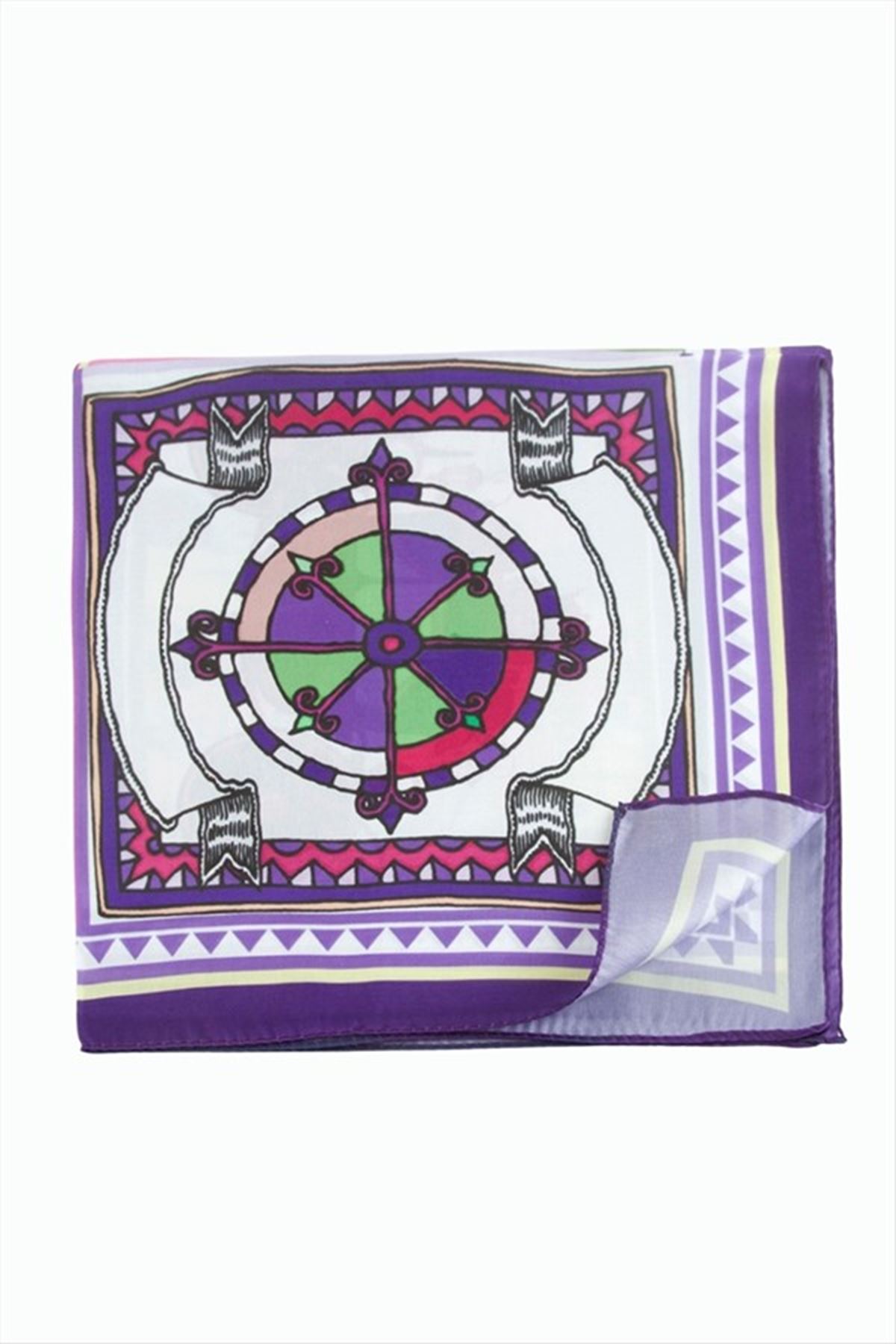 Pusula At Arabası Desenli Zr Şifon Fular 50*50 cm - Mor