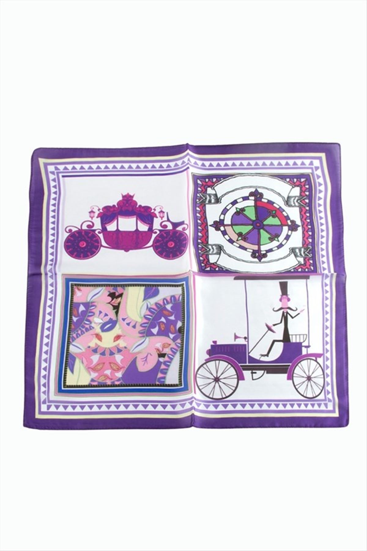 Pusula At Arabası Desenli Zr Şifon Fular 50*50 cm - Mor