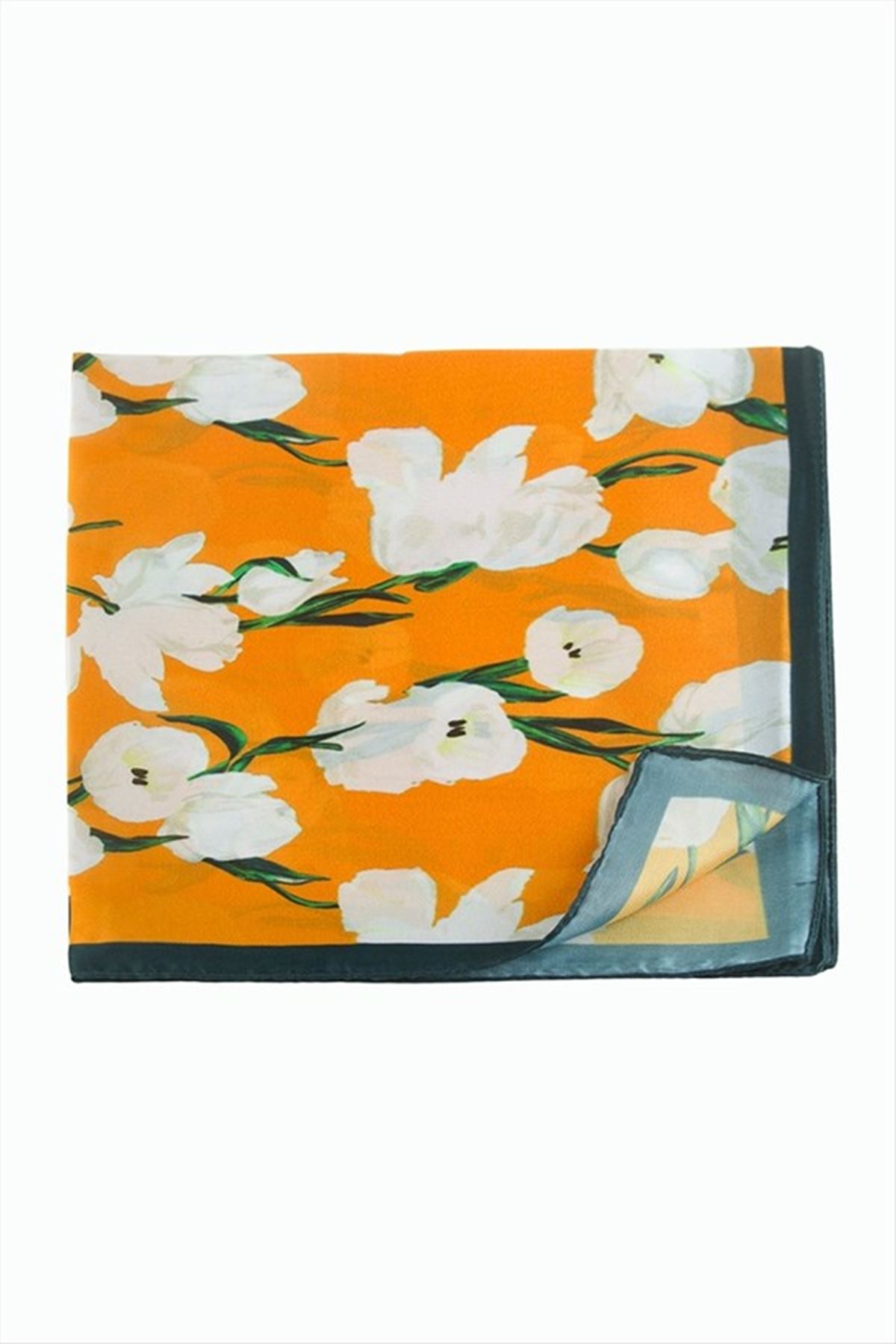 Çiçek Desenli Zr Şifon Fular 50*50 cm - Turuncu