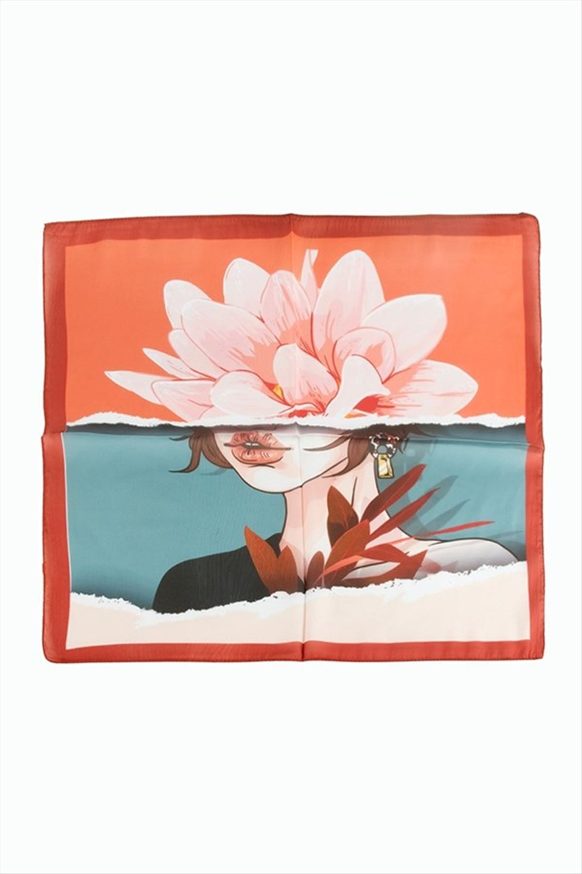 Çiçek Desenli Zr Şifon Fular 50*50 cm - Kiremit