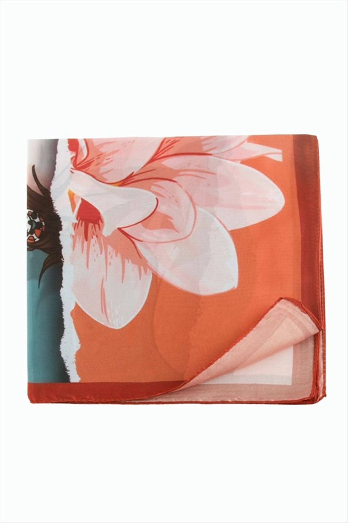Çiçek Desenli Zr Şifon Fular 50*50 cm - Kiremit