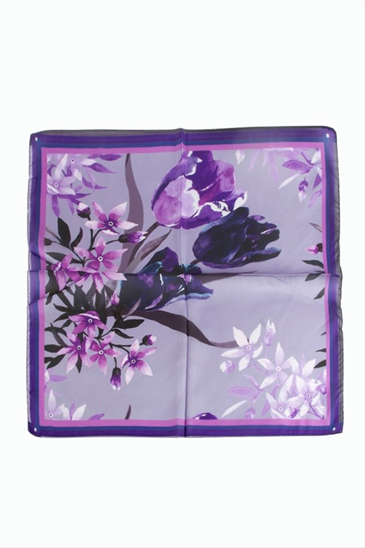 Orkide Desenli Zr Şifon Fular 50*50 cm - Mor