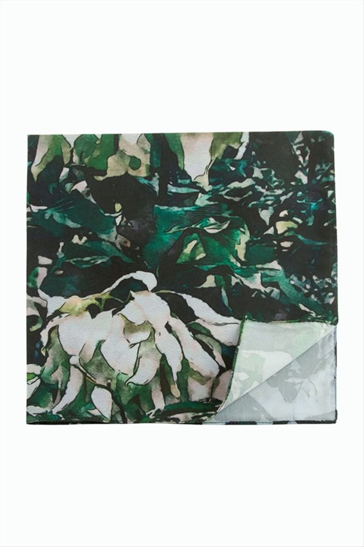 Çiçek Desenli Zr Şifon Fular 50*50 cm - Yeşil