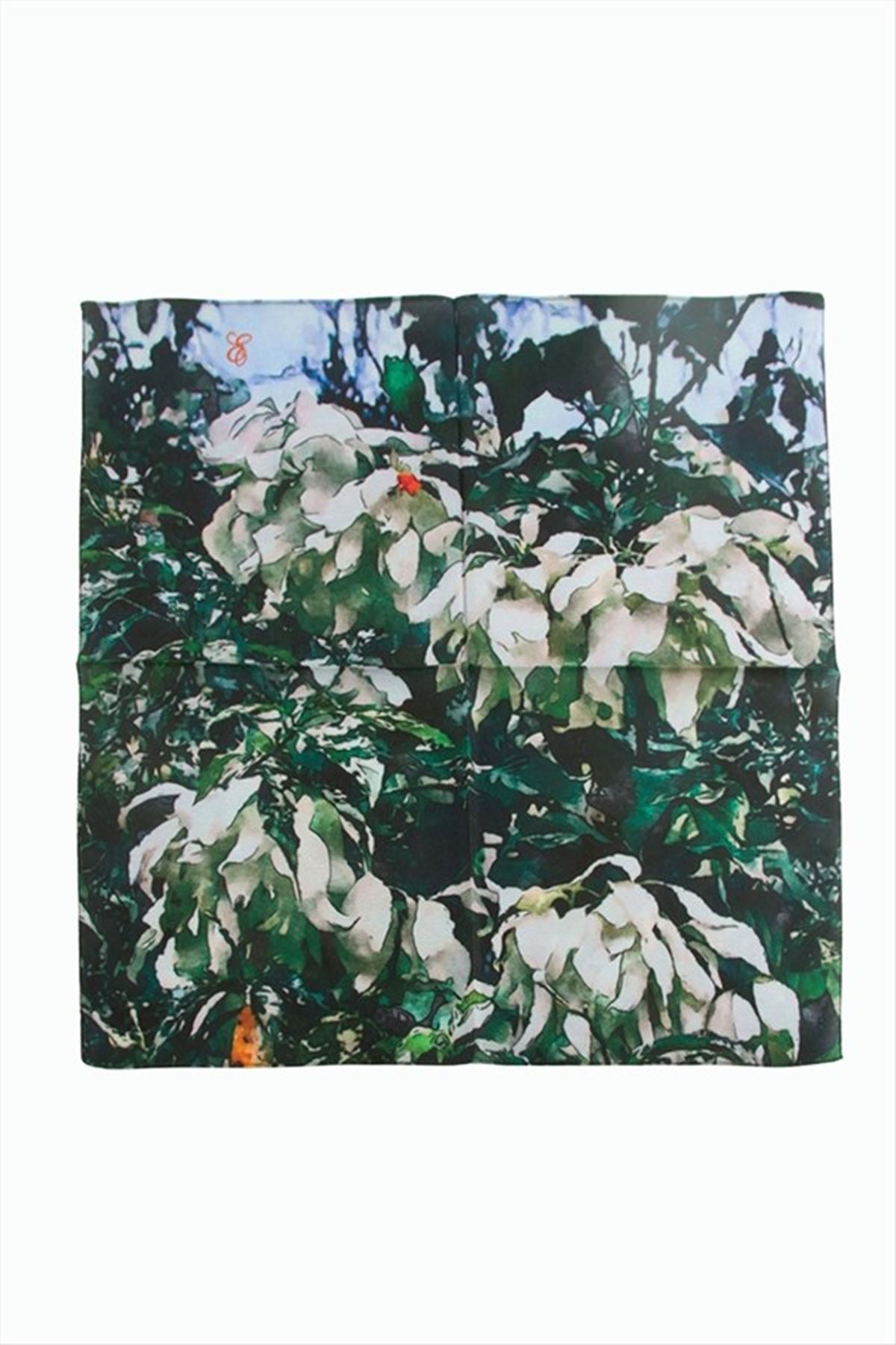 Çiçek Desenli Zr Şifon Fular 50*50 cm - Yeşil