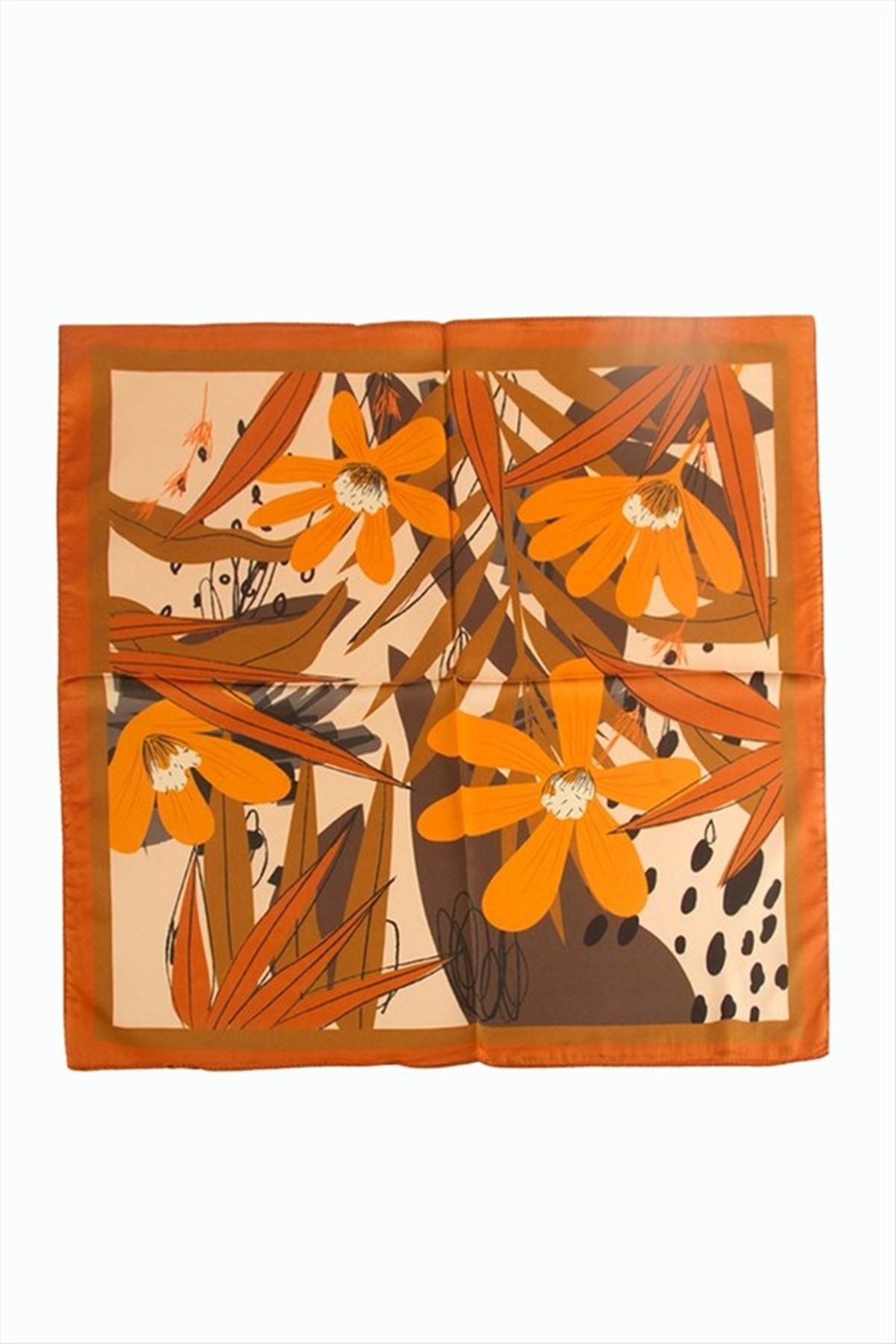 Papatya Desenli Zr Şifon Fular 50*50 cm - Turuncu