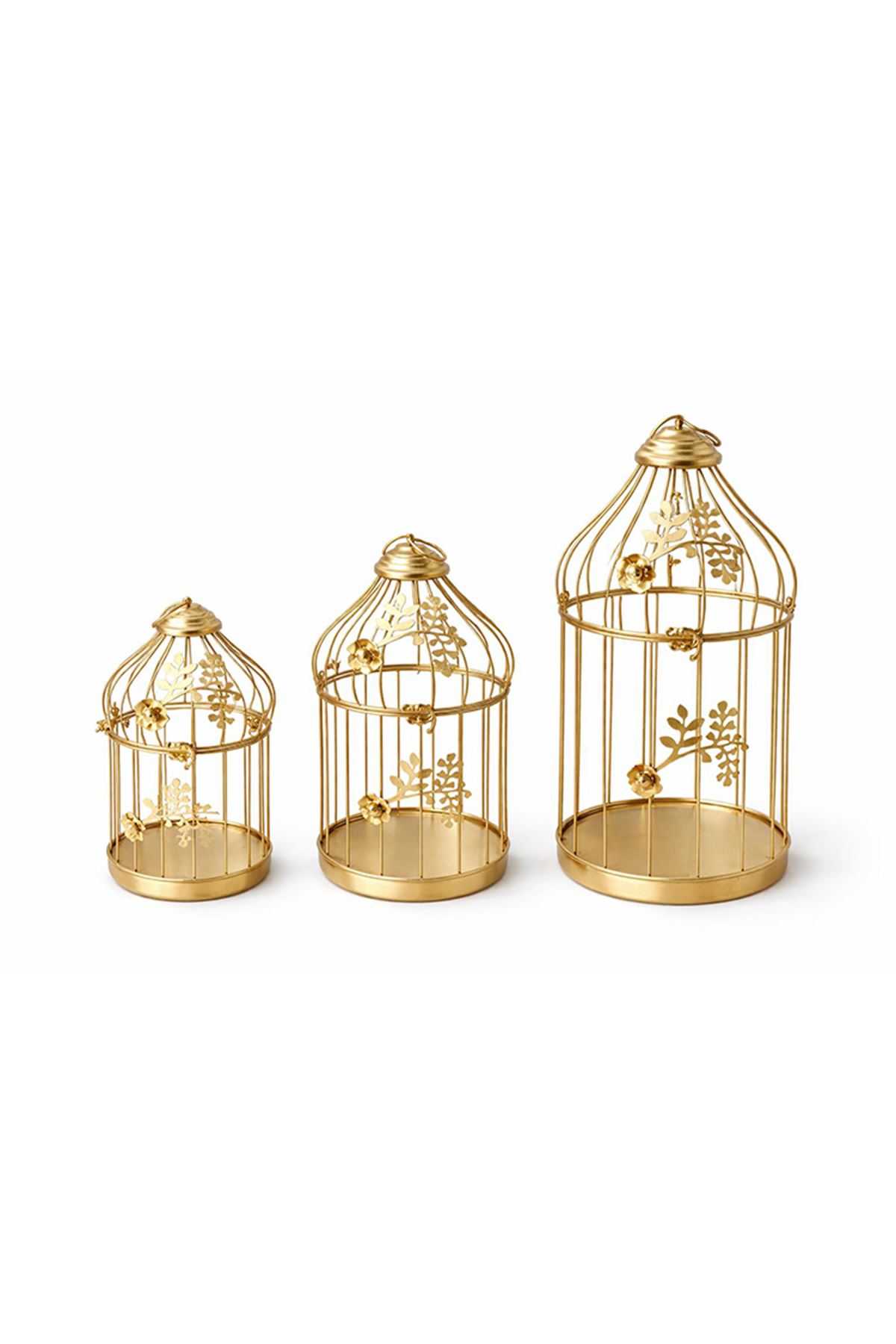 Dekoratif Gold Metal 3'lü Kafes Mumluk Seti