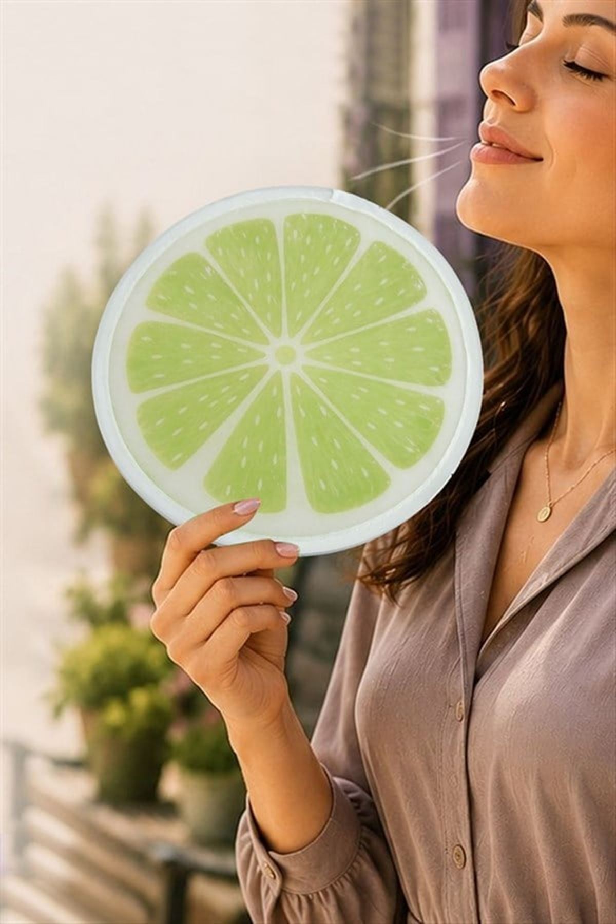 Limon Desenli Kore Yelpaze - Yeşil