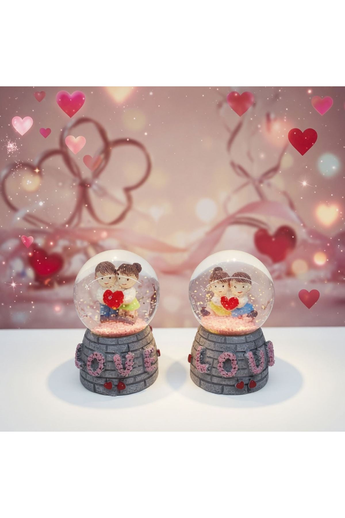 Işıklı Mini Kar Küresi - Love Tasarımlı - Pilli - Romantik Hediyelik - Dekoratif Obje