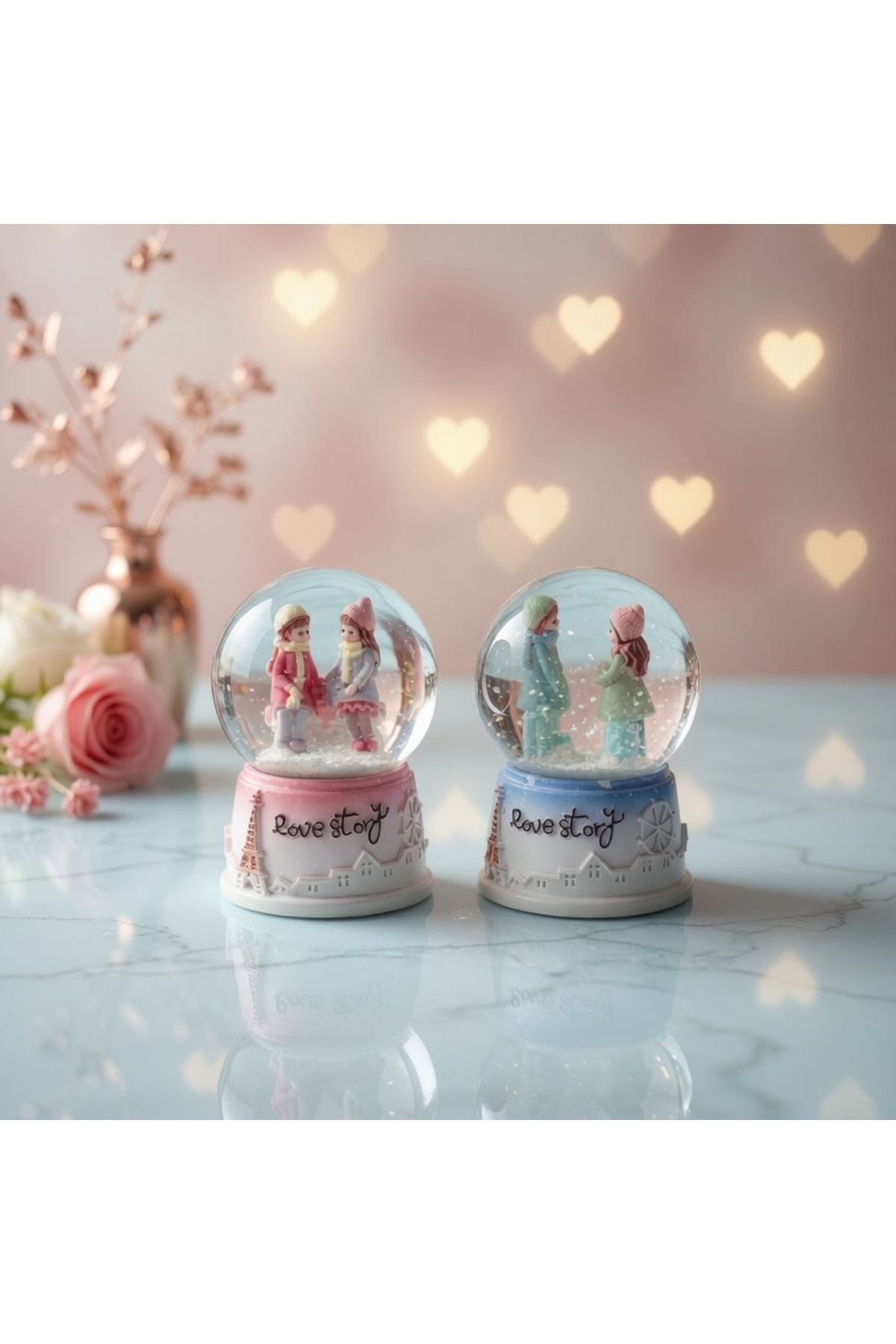 Love Story Mini Kar Küresi - Işıklı - 7x4 cm - Pilli Romantik Hediye