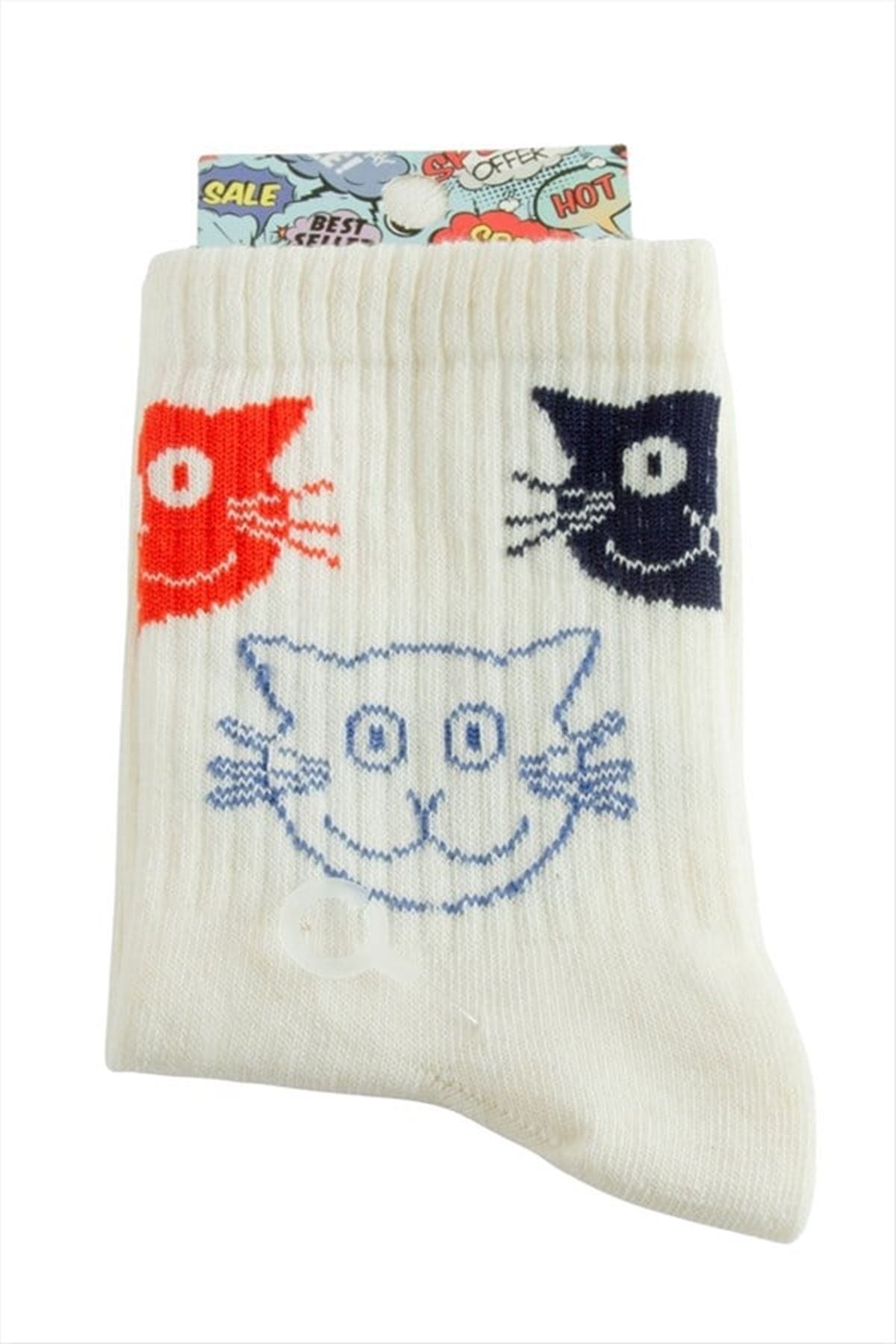 Kedi Kolej Çorap 8*28 - Krem