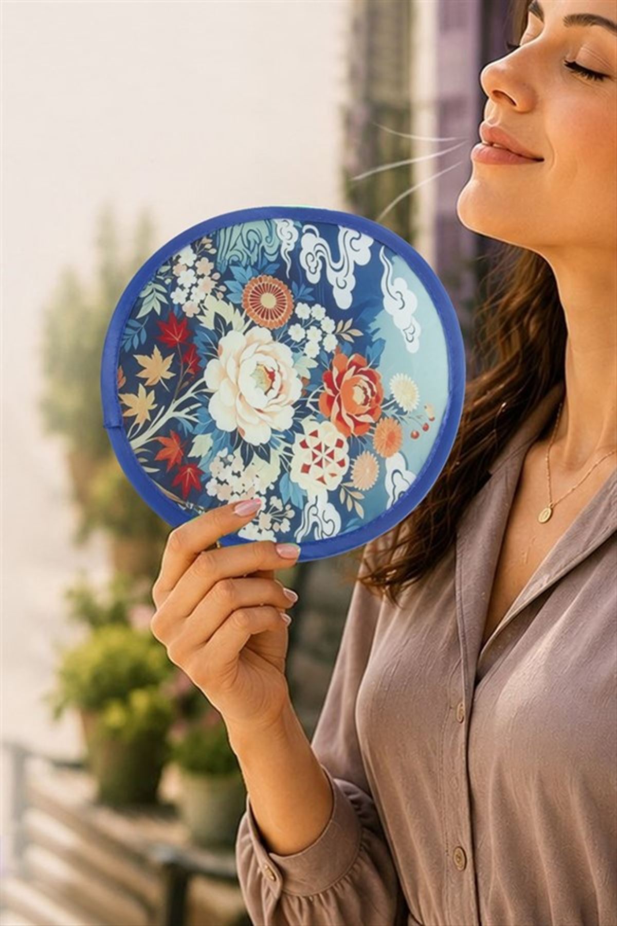 Çiçek Kore Yelpaze 20 cm - Mavi