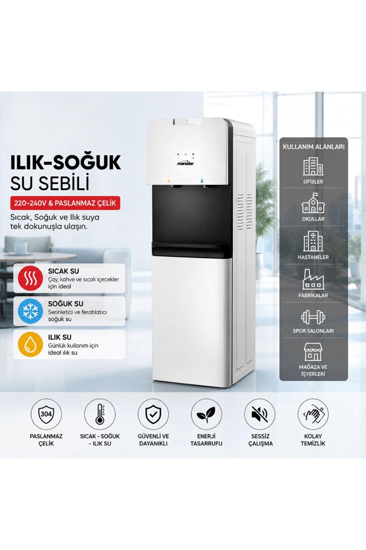 Su Sebili - Sıcak, Ilık ve Soğuk Su Seçenekli - Üstten Yüklemeli