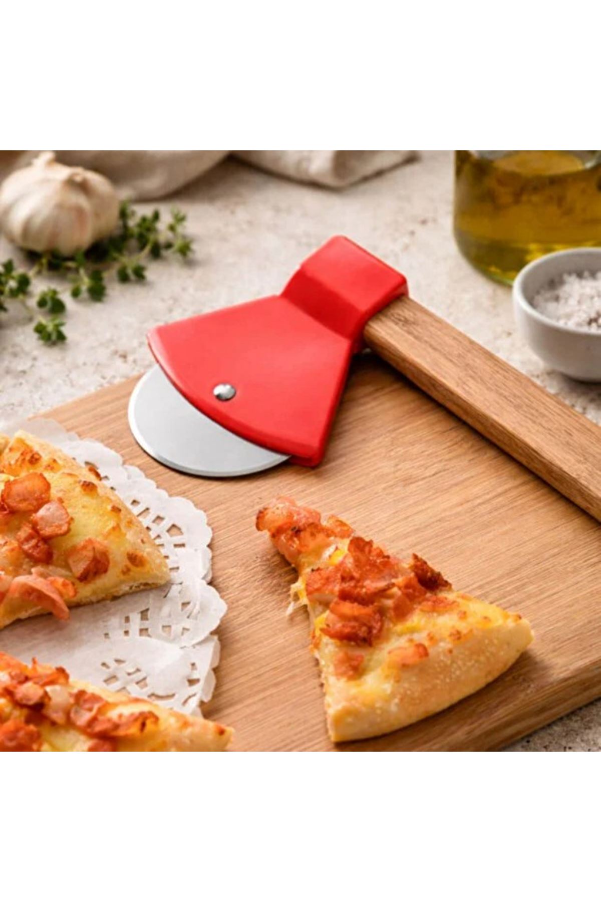 Pizza Kesici - Balta Tasarımlı - Ahşap Saplı - Paslanmaz Çelik Bıçaklı