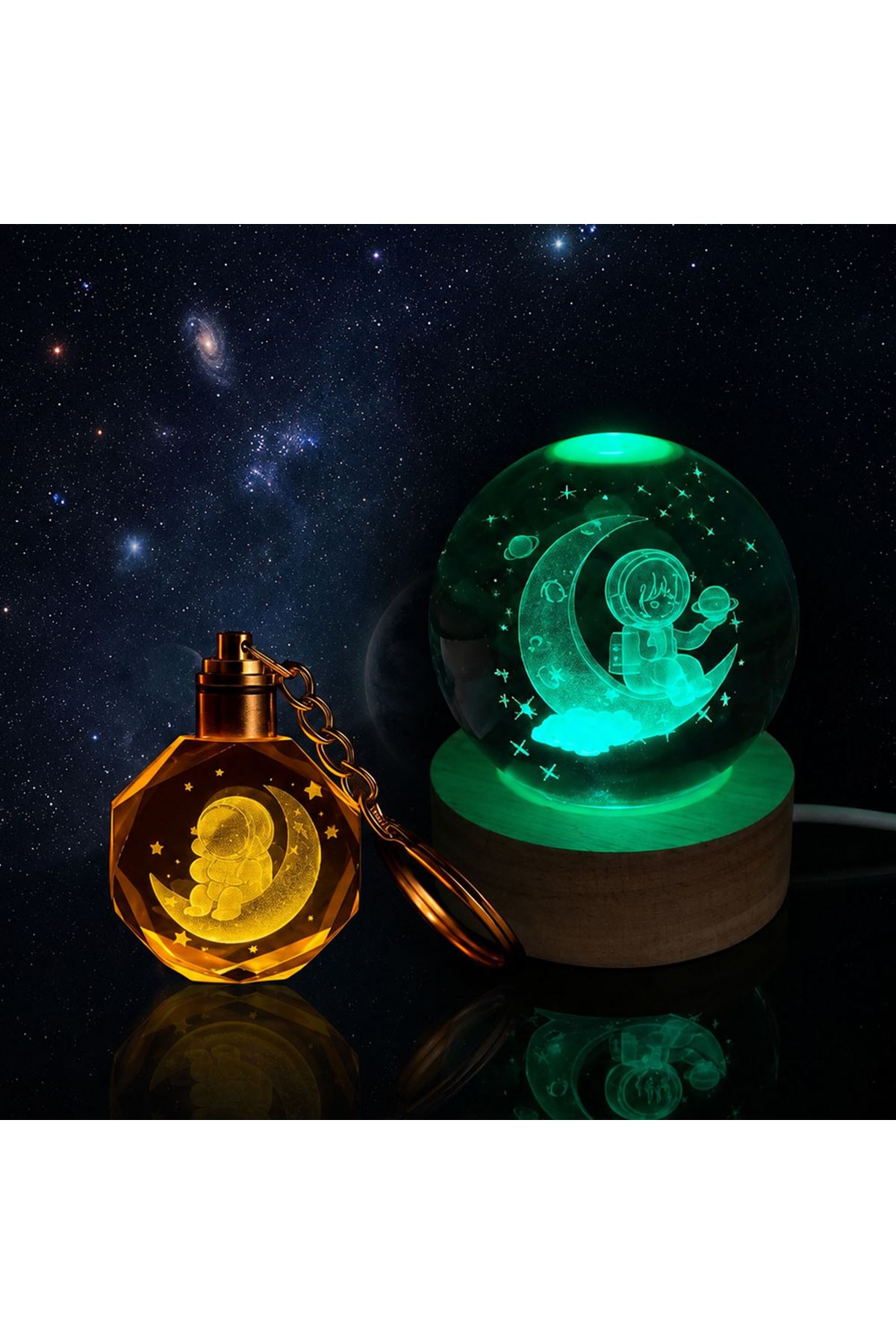 Işıklı Renk Değiştiren Cam Küre - Işıklı Anahtarlık Hediye Seti - Ay Üzerinde Oturan Astronot Tasarımlı