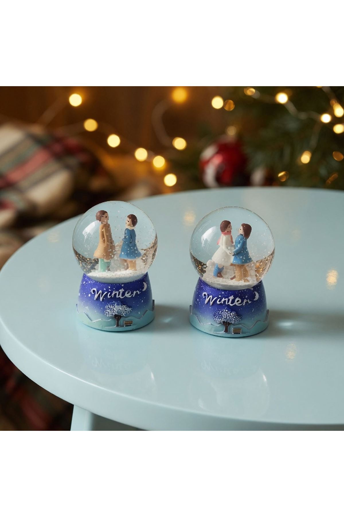 Mini Işıklı Kar Küresi - Sevimli Çift Tasarımlı - Winter Temalı