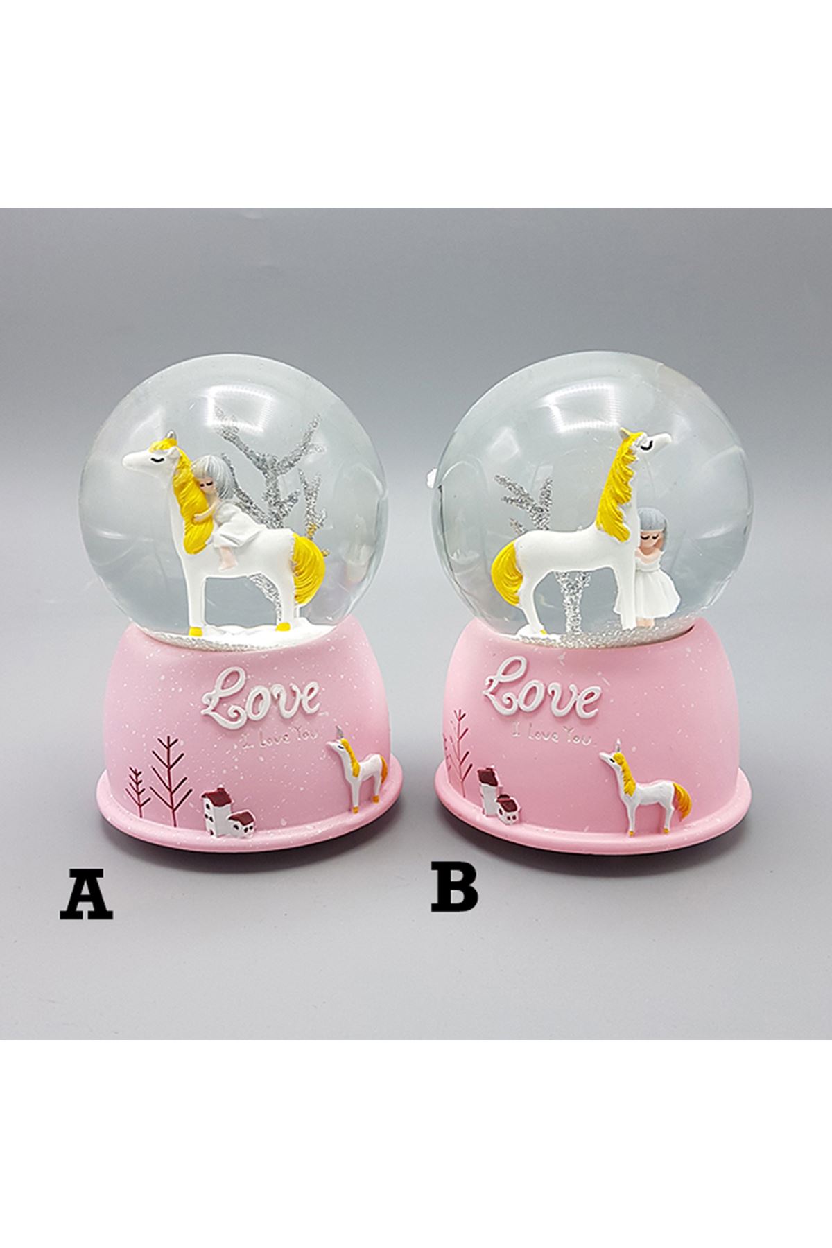 Mini Pembe Kar Küresi - Sevimli Unicorn ve Kız Tasarımlı - Işıklı