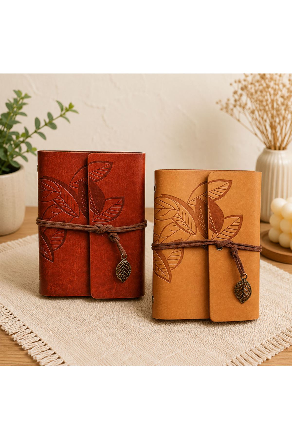 Yaprak Desenli Retro Deri Defter - Vintage Ajanda
