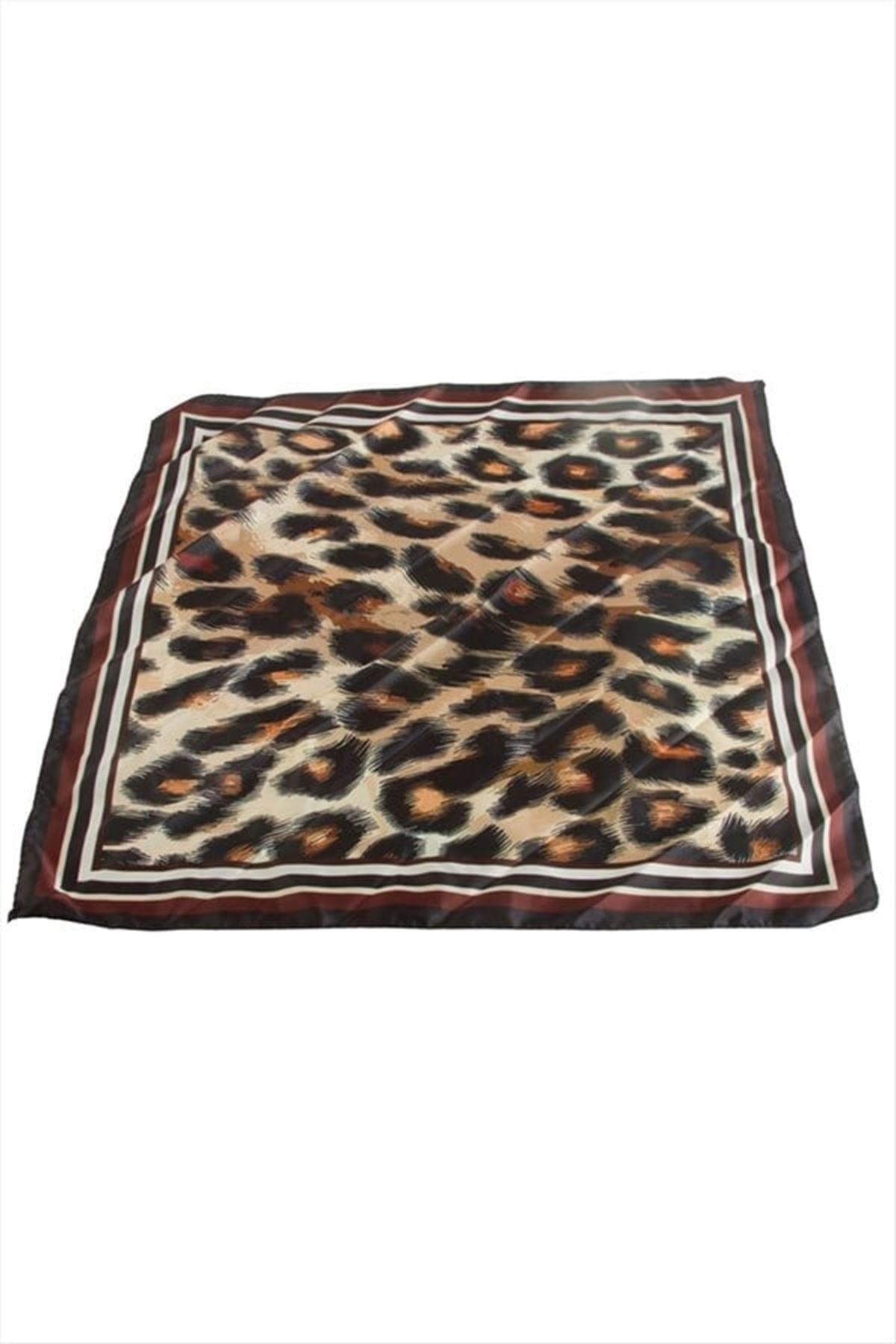 Leopar Desenli Saten Fular 50*50 cm - Kahverengi