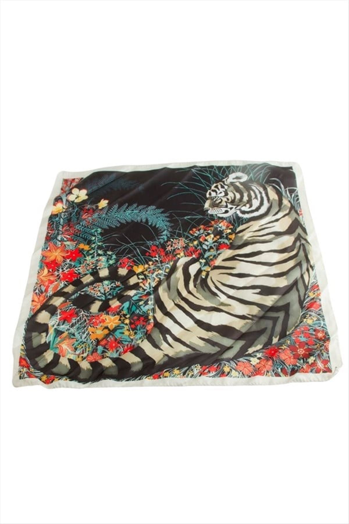 Kaplan Desenli Zr Saten Fular 50*50 cm - Siyah