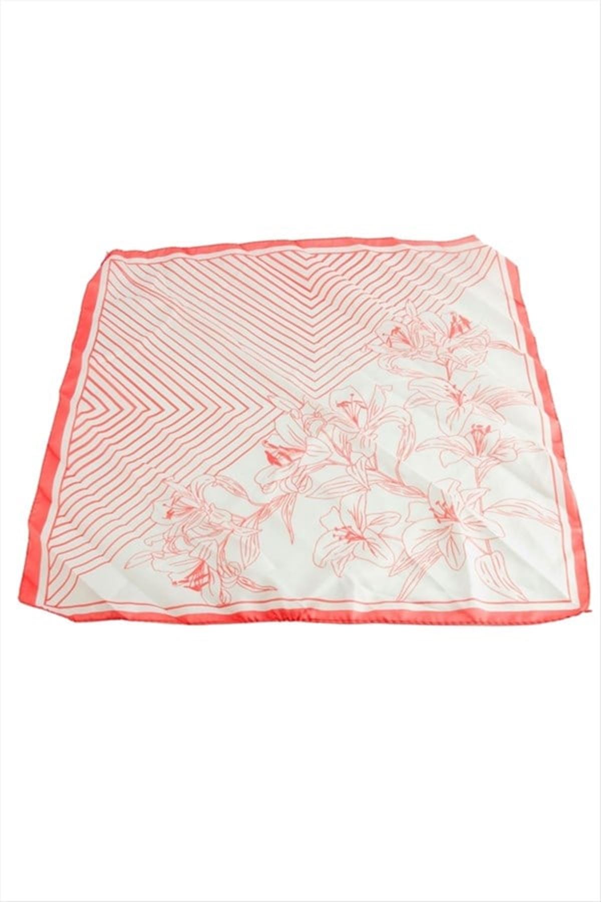Çiçek Desenli Zr Saten Fular 50*50 cm - Turuncu