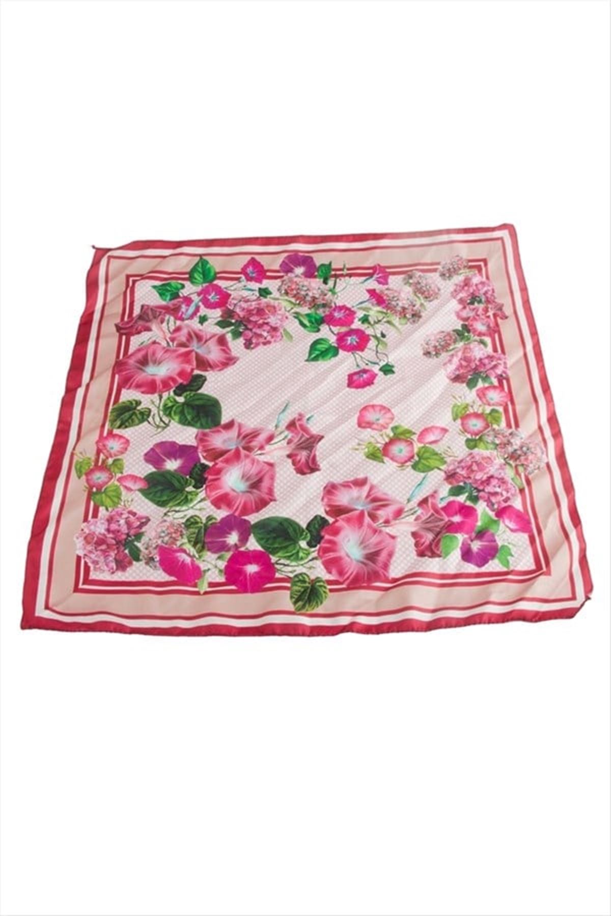 Çiçek Desenli Zr Saten Fular 50*50 cm - Pembe