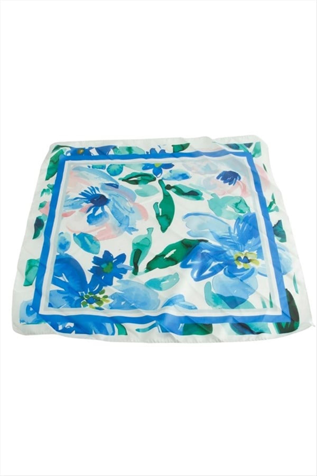 Çiçek Zr Saten Fular 50*50 cm - Mavi